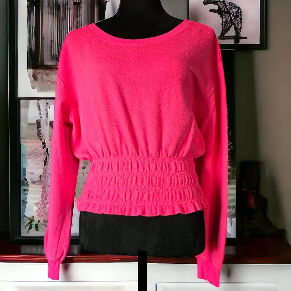 NWOT MAEVE ( MED ) ANTHROPOLOGIE Long Sleeve Hot Pink Smocked Boatneck Top